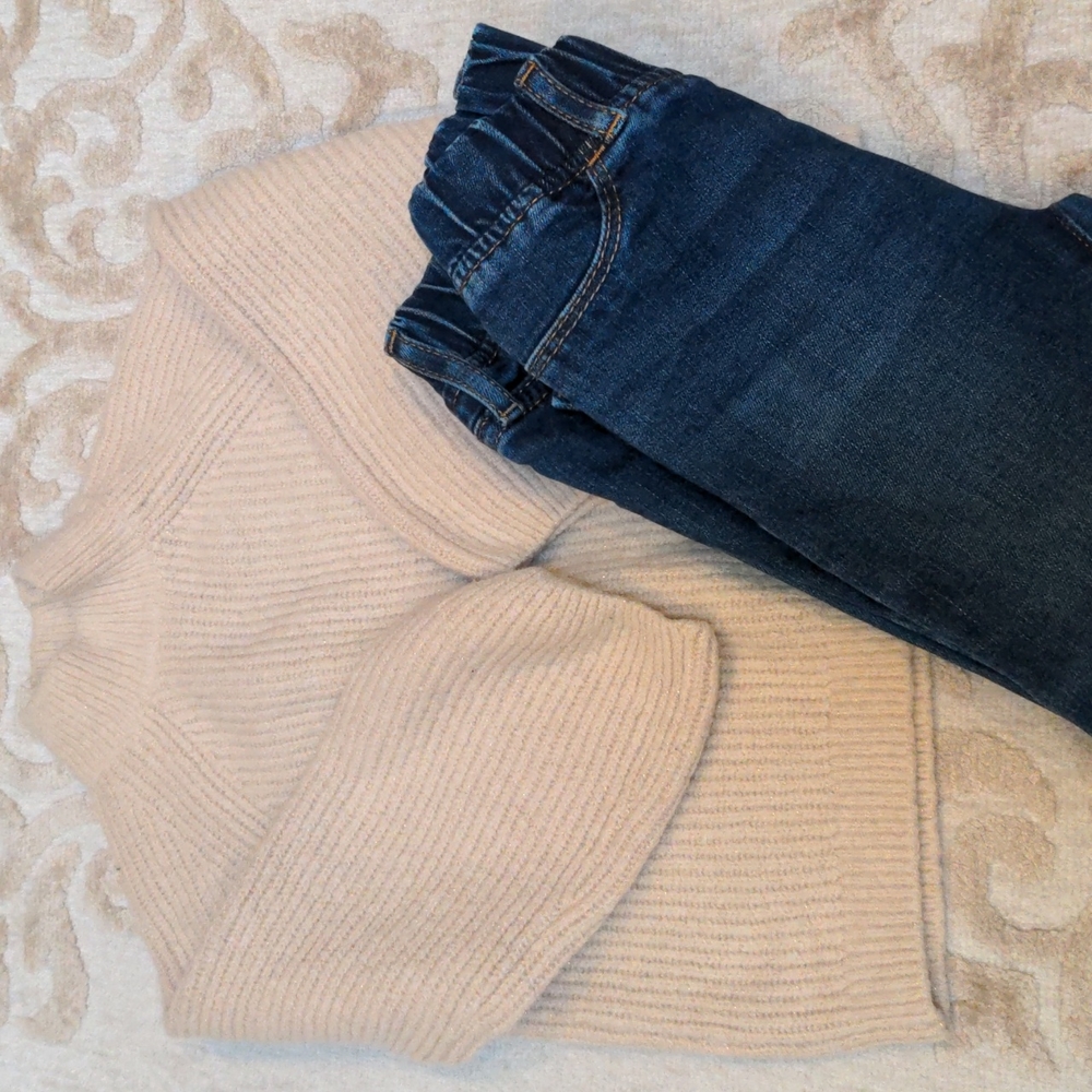 Beautiful turtleneck cream with gold sparkle Zara sweater with Gap kids jeans